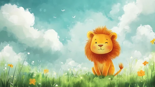 Cute lion cub winks in a bright, whimsical meadow scene.
