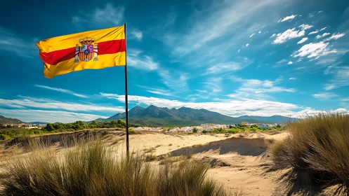 Spanish Flag Planted on Coastal Sand Dunes with Mountain Vista.