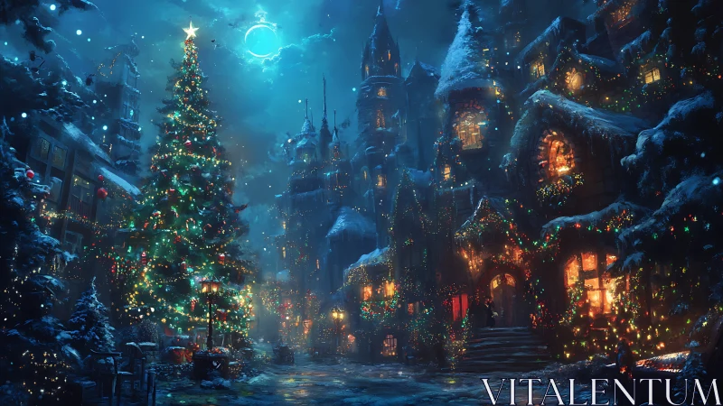 Snowy fantasy village glows under moonlit Christmas sky