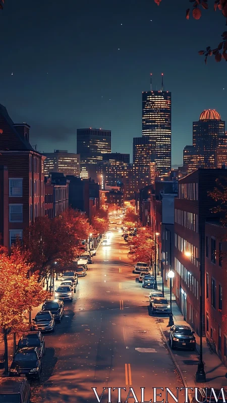 Cozy autumn city street glowing softly under starlit skies.