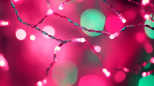Glowing pink and green fairy lights in a dreamy blur.