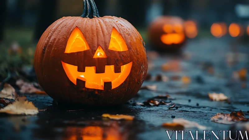 Wet jack-o-lantern glows on dark street with blurred pumpkins