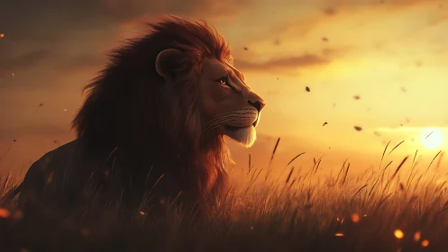 Sunset monarch lion brooding over emberlit savanna horizon.