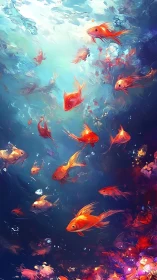 Digital underwater scene with orange fish and blue water.