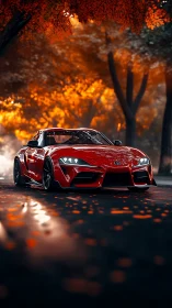 Photorealistic red sports car under cinematic autumn canopy.