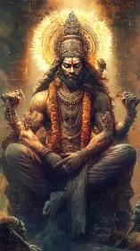 Seated multi-armed figure rendered with ornate digital detailing