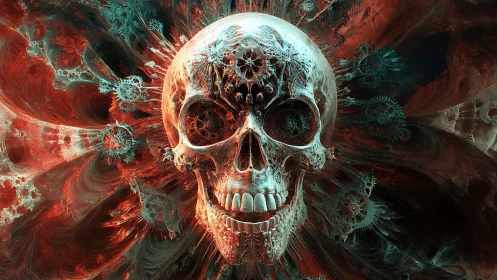 Fractal mechanized skull in turbulent chromatic vortex field.