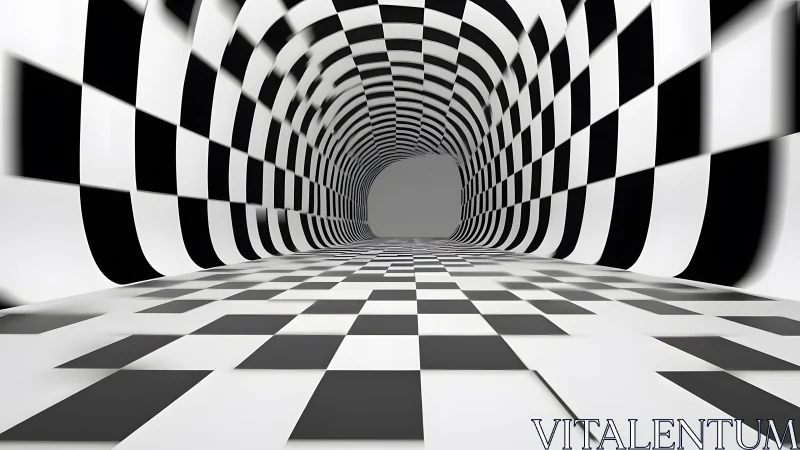 Surreal checkered tunnel with black and white optical illusion pattern.