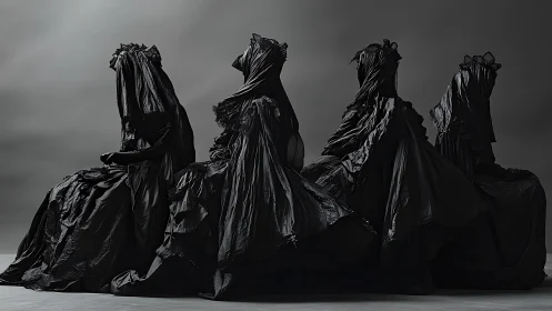 Draped black shrouded figures in sculptural studio lighting.