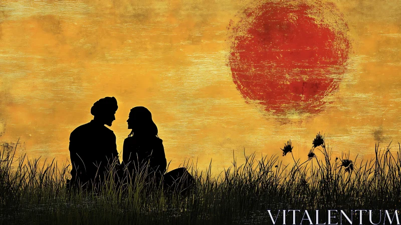 Silhouettes Beneath Crimson Sun in Golden Fields.
