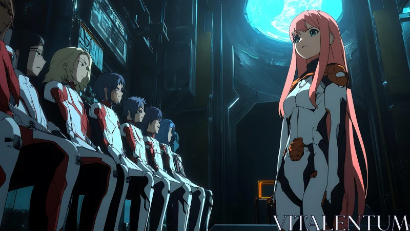 Futuristic pilot squad in exosuit briefing chamber, blue skylight