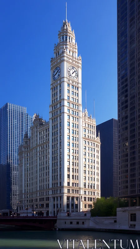 Clock tower skyscraper stands beside river in clear daylight