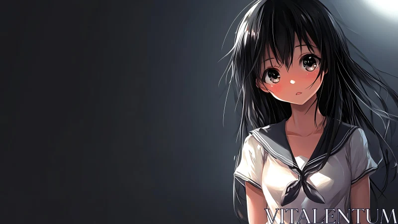 Softly lit anime schoolgirl stands in quiet, moody darkness.