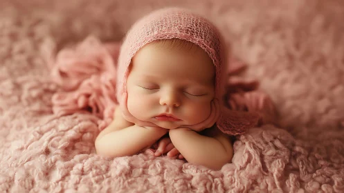 Rosy-cheeked dreamer curled in a cloud of pink hush.