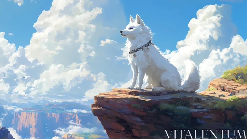White canine sentinel surveys sunlit canyon from cliff edge