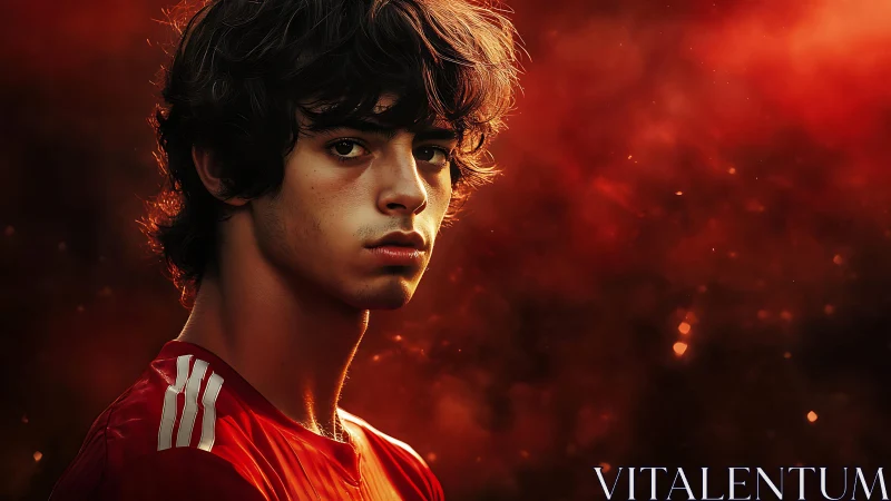 Moody portrait of young athlete in warm red light.