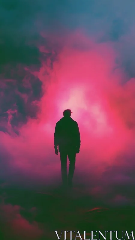 Neon wanderer drifting through electric magenta mistscape.