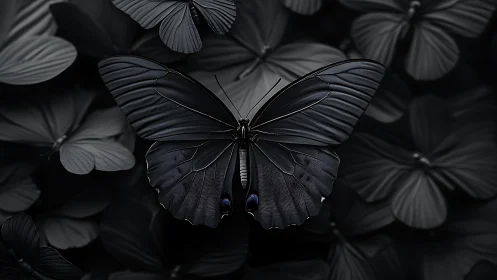 Midnight butterfly resting quietly in a velvety shadow garden.