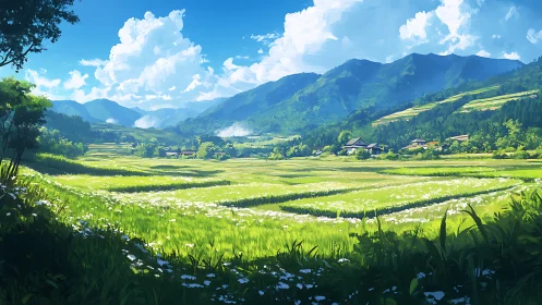 Mountain valley rice fields under bright summer sky.