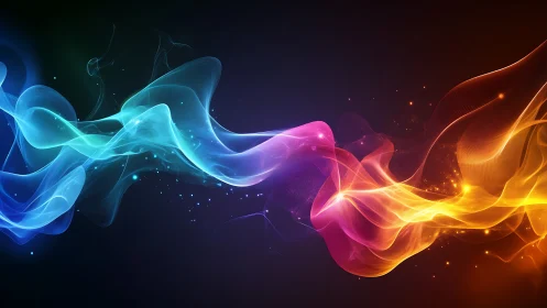 Colored light waves intersect across a dark digital field