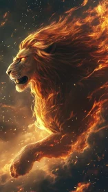 Fiery lion profile in motion within dark atmospheric clouds.