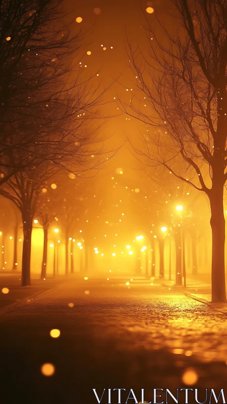 Foggy winter alley with glowing bokeh streetlights at night