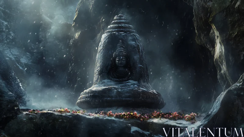 Snow-veiled stone shrine renders serene deity in cavern mist