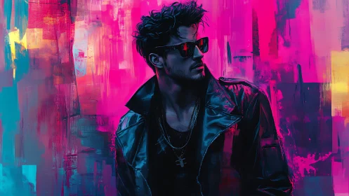 Neon backlit figure in leather jacket against saturated abstract field