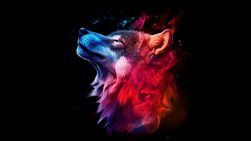 Neon wolf profile explodes into vibrant cosmic flames.