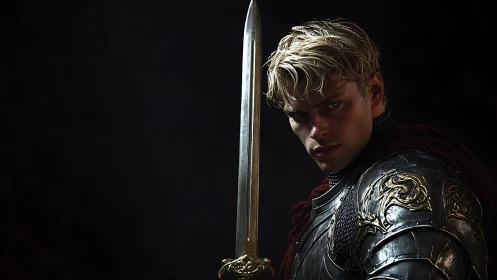 Armored knight with raised sword rendered in dramatic chiaroscuro