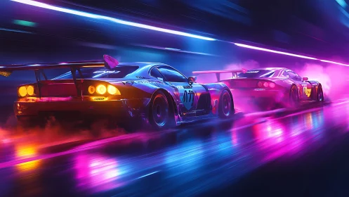 Neon drift racecars slice wet cyberpunk night street.