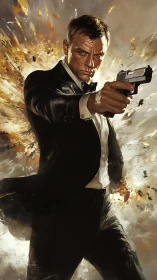 Sharpsuited agent strides from firestorm with steel calm.