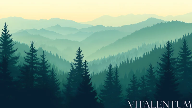 Layered Mountain Vista with Coniferous Forest Silhouettes