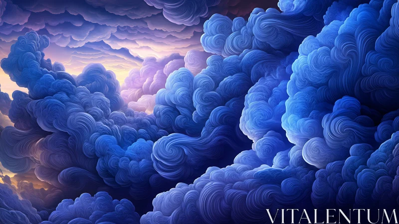 Swirling indigo cloudscape under radiant pastel horizon.