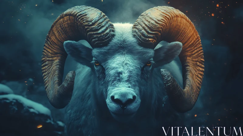 Front-facing ram portrait with curved horns in cool light.