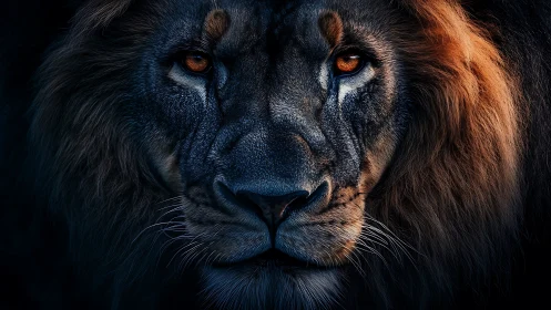 High contrast lion portrait with directional rim lighting and sharp focus
