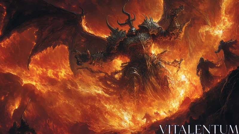 Demonic warlord rises from infernal flames, towering above foes.