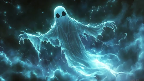 Cosmic ghost drifts through electric nebula nightscape.