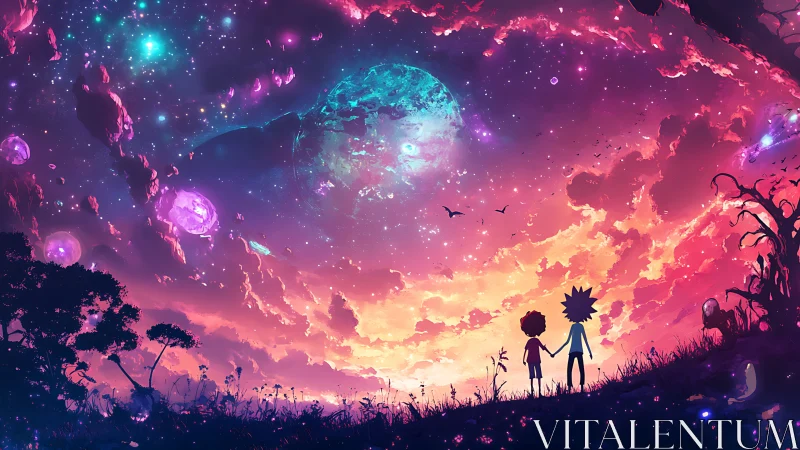 Children silhouettes under vivid cosmic sky panorama.