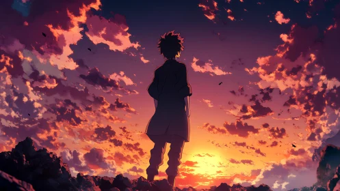 Sunset sky welcomes a lone anime hero to quiet reflection