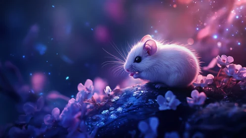 Luminescent white mouse on floral forest rock at dusk.