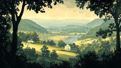 Digital painting of pastoral river valley framed by trees.