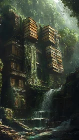 Stacked wooden structures cling to a lush cliff waterfall