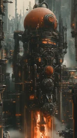 Vertical industrial megastructure with glowing orange cores