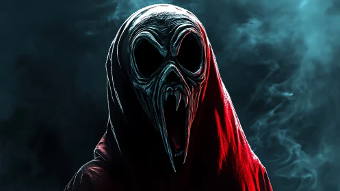 Hooded alien wraith unveiling fanged horror in smoke.