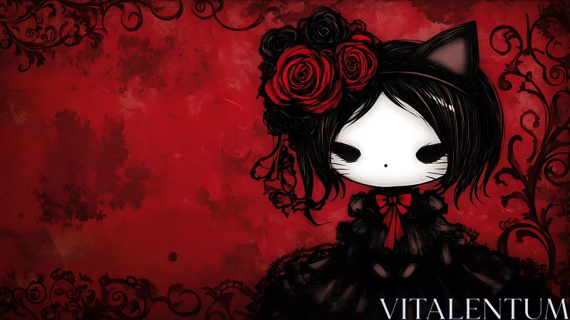Gothic chibi catgirl in black lace dress on red field.