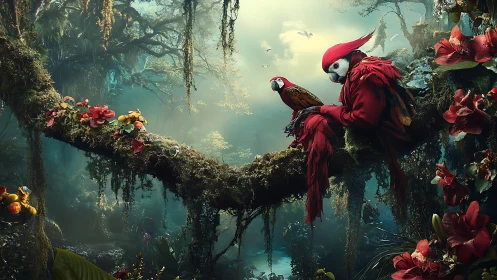 Scarlet parrots rest on mossy jungle branch at misty dawn