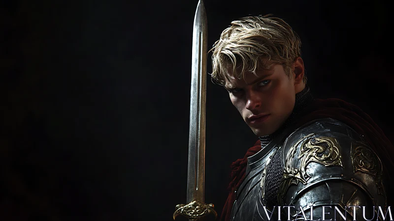 Armored knight with raised sword rendered in dramatic chiaroscuro