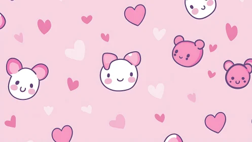 Cute pastel animal faces float among playful pink hearts