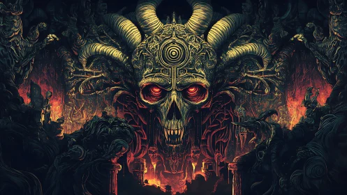 Fiery horned skull throne glowing in a dark infernal realm.